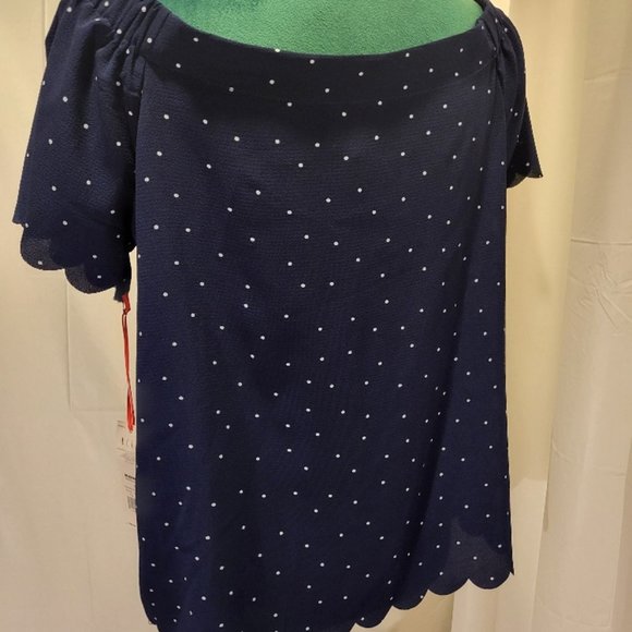 Elle NWT Off Shoulder Scalloped Blouse Navy & White Polka Dots Small - Picture 7 of 15